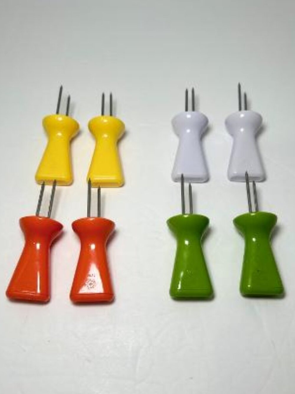 8 VTG Corn on the Cob Holders Skewers Yellow Green Orange White Stainless Prongs